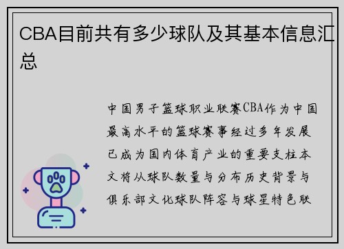 CBA目前共有多少球队及其基本信息汇总