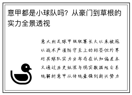 意甲都是小球队吗？从豪门到草根的实力全景透视