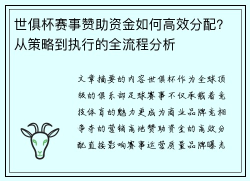 世俱杯赛事赞助资金如何高效分配？从策略到执行的全流程分析