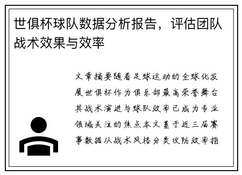 世俱杯球队数据分析报告，评估团队战术效果与效率