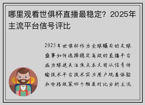 哪里观看世俱杯直播最稳定？2025年主流平台信号评比
